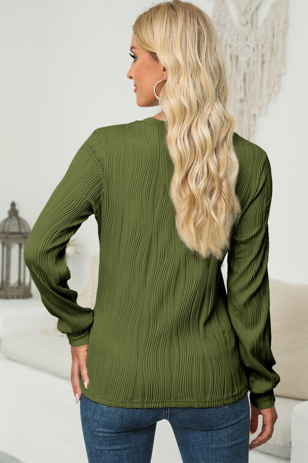 Textured Round Neck Long Sleeve Blouse - The Daily Makeover