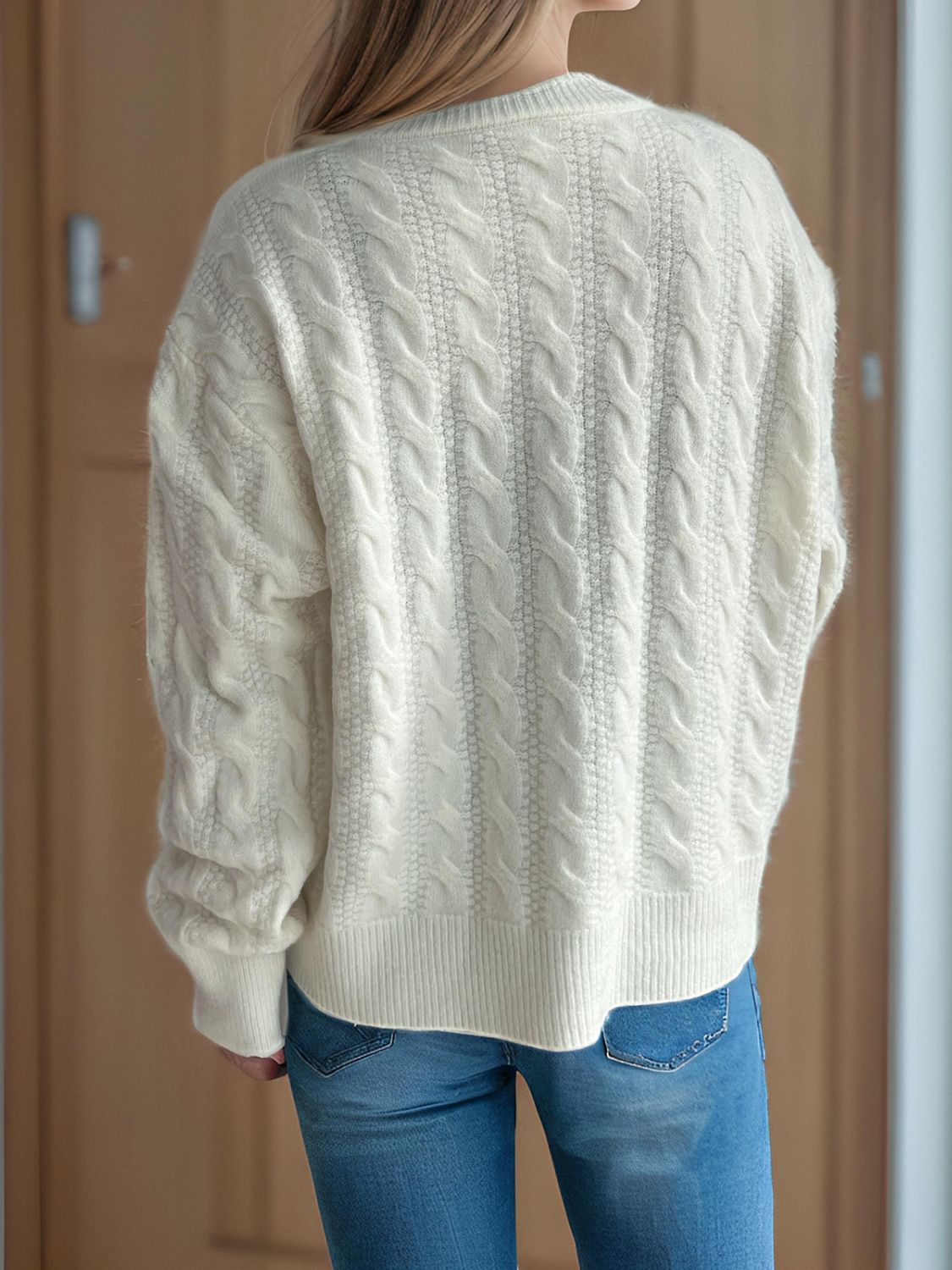 Cable-Knit Round Neck Long Sleeve Cardigan - The Daily Makeover