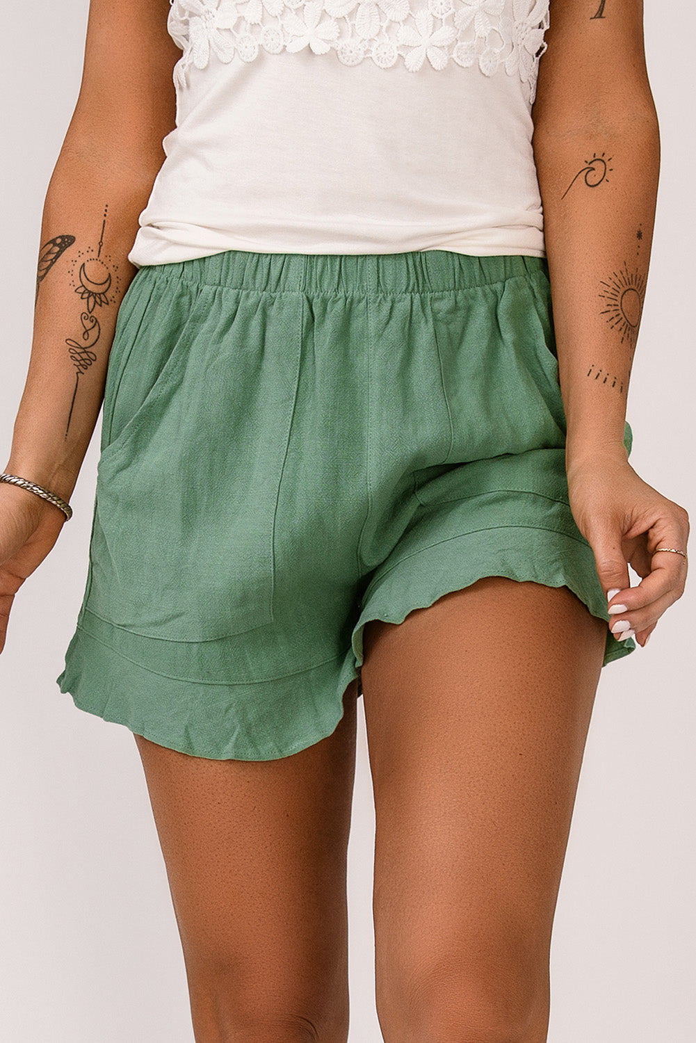 Khaki Casual Pocketed Ruffle High Waist Shorts - The Daily Makeover