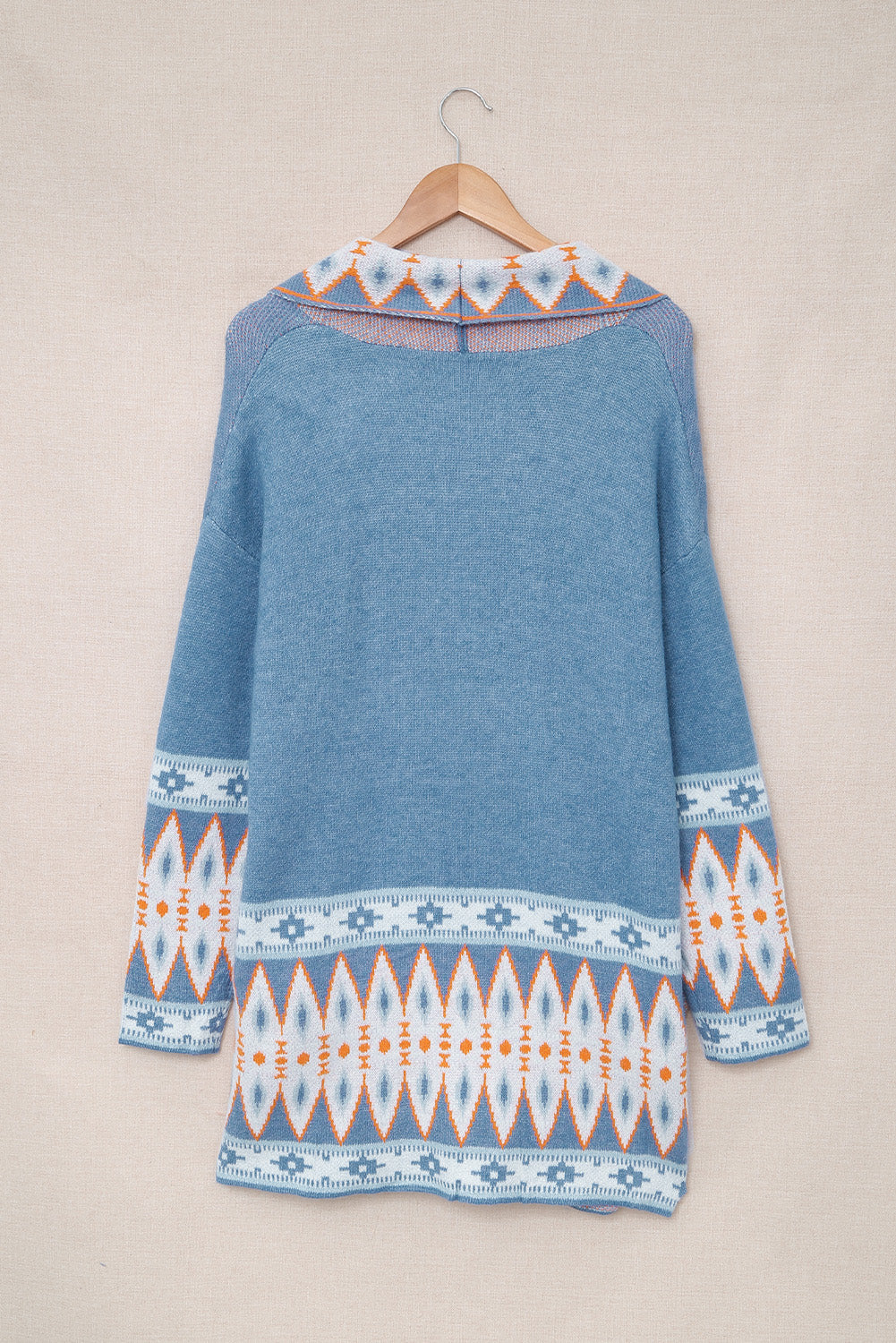Blue Geometric Print Open Front Knit Cardigan - The Daily Makeover