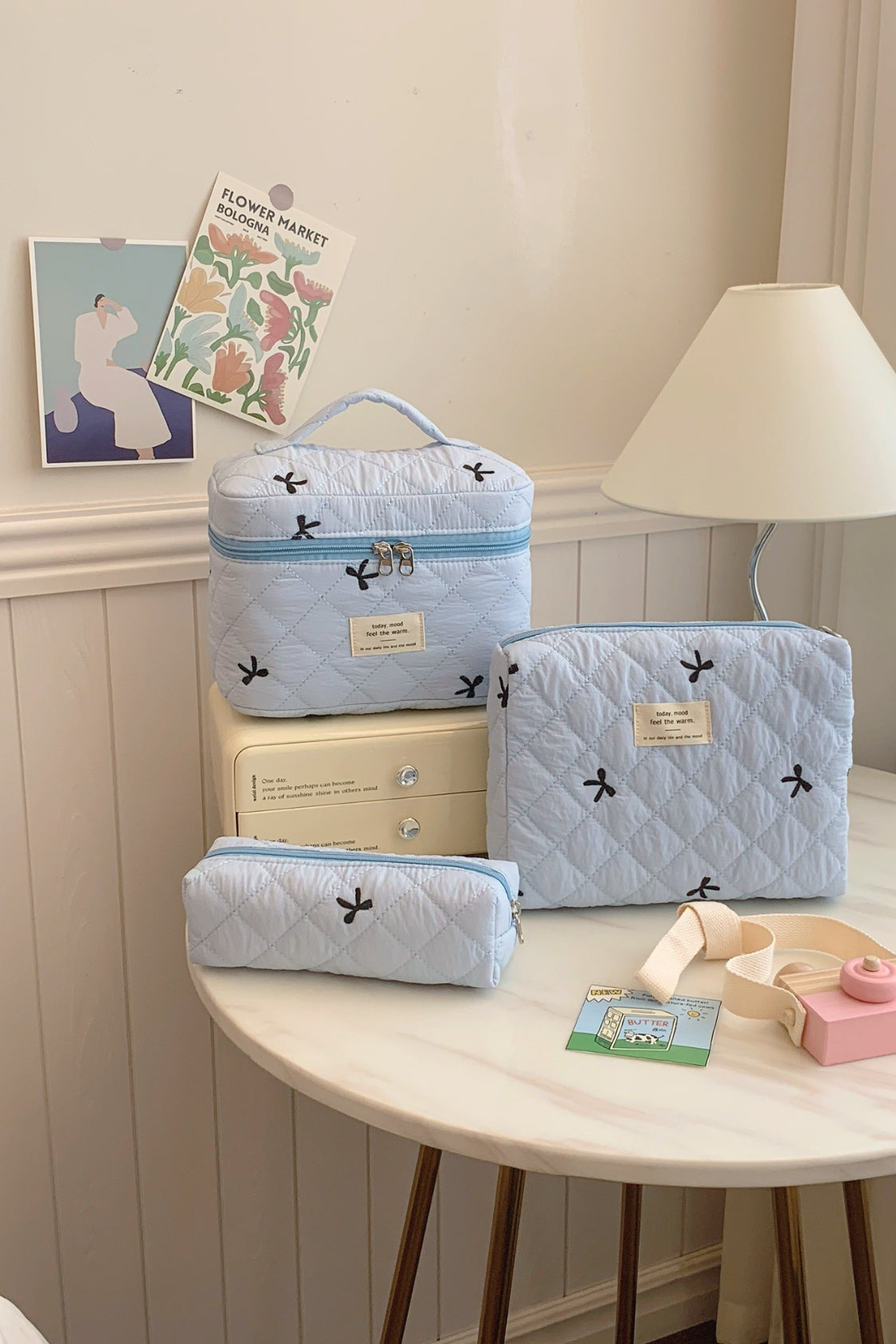 3 Piece Bow Quilted Cloth Storage Bag Set - The Daily Makeover