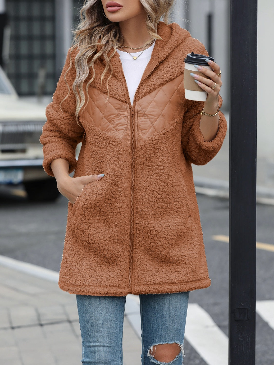 Fuzzy Zip Up Long Sleeve Hooded Jacket - The Daily Makeover