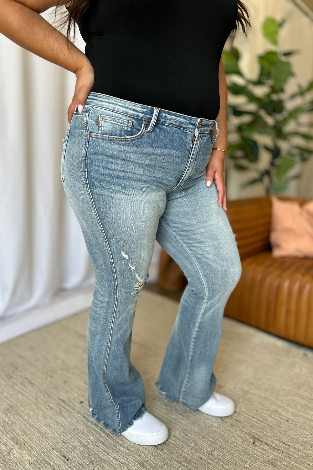 Judy Blue Full Size Medium Rise Tummy Control Destroy Flare - The Daily Makeover