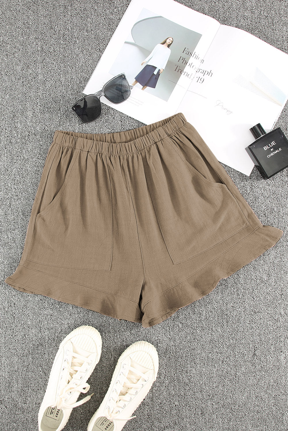Khaki Casual Pocketed Ruffle High Waist Shorts - The Daily Makeover