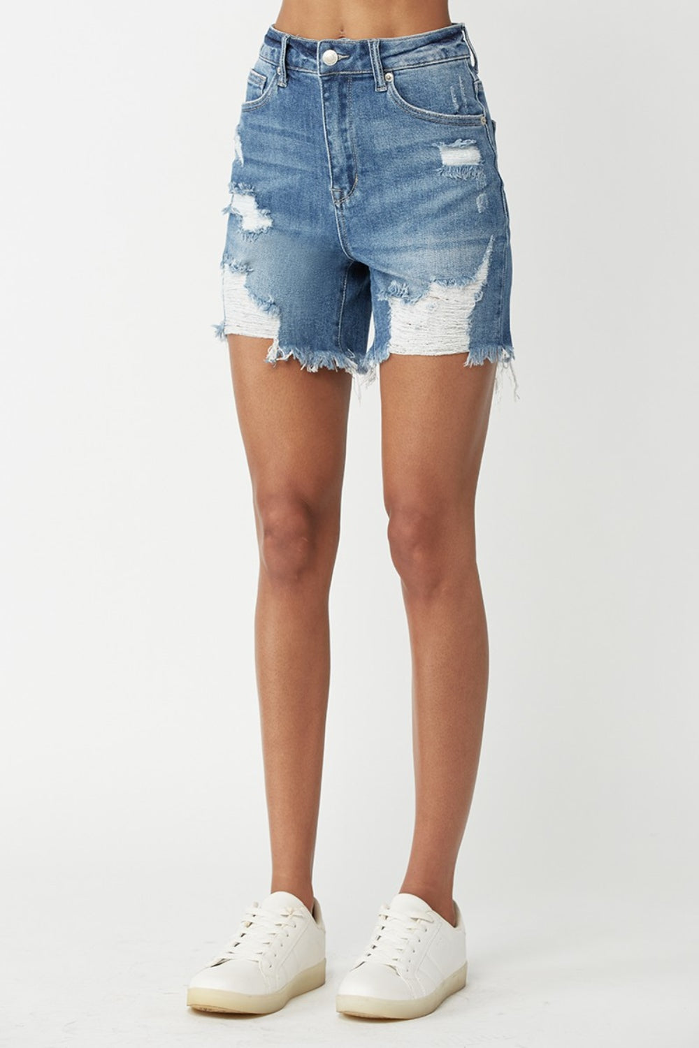 RISEN High Waisted Distressed Denim Shorts - The Daily Makeover