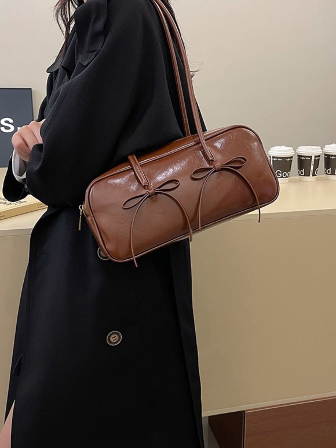 PU Leather Bow Trim Shoulder Bag - The Daily Makeover