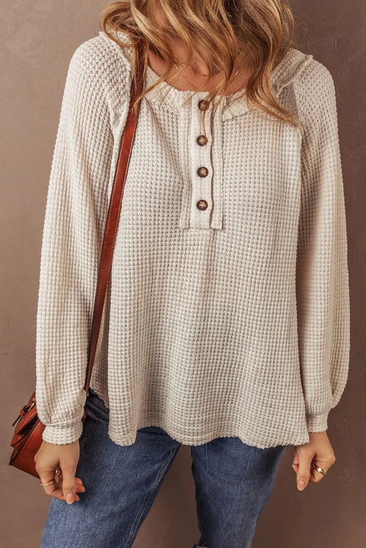 Waffle-Knit Half Button Round Neck Long Sleeve Top - The Daily Makeover