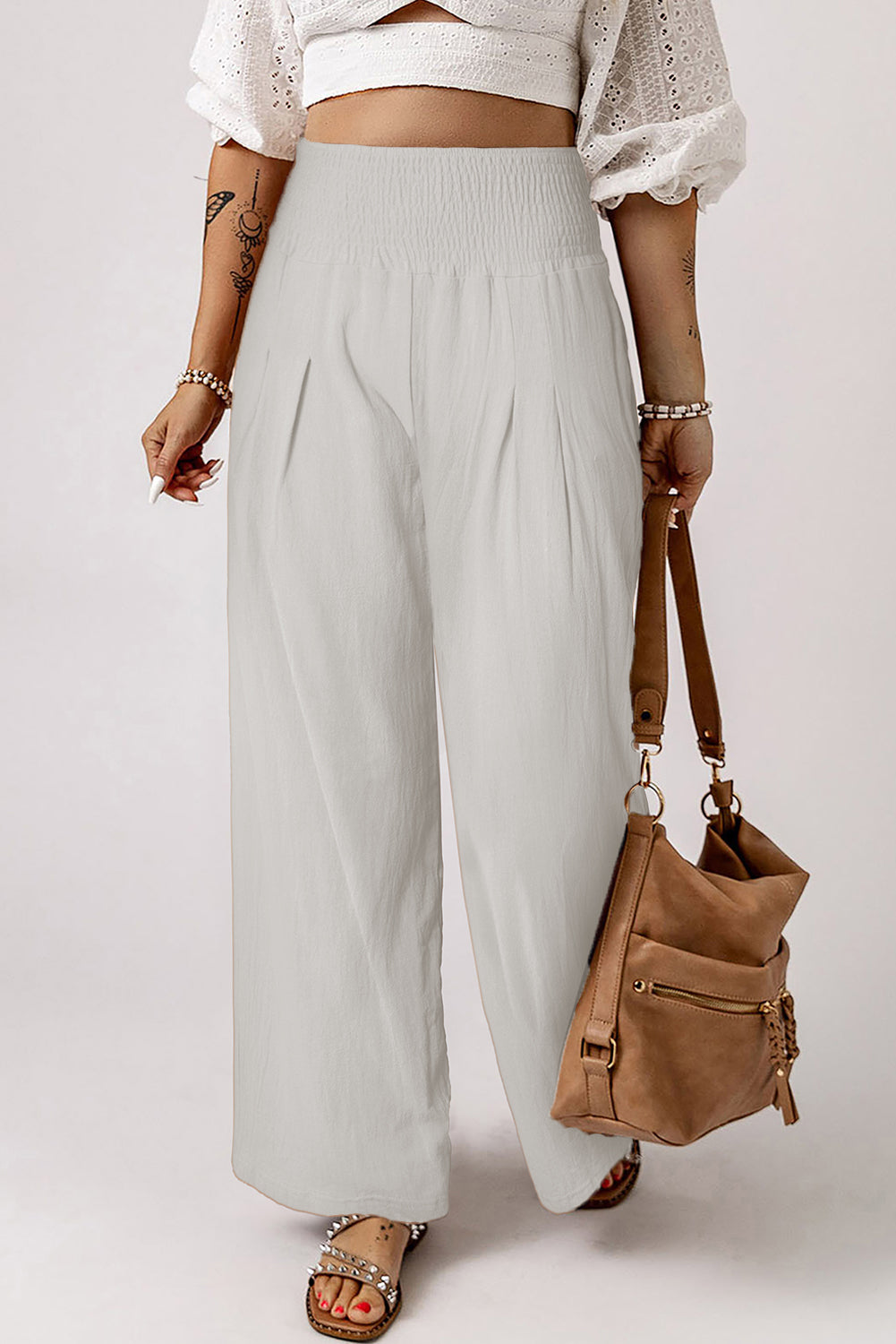 Khaki Smocked Wide Waistband High Waist Wide Leg Pants - The Daily Makeover