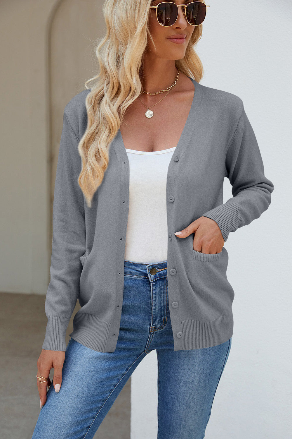Pocketed V-Neck Button Up Long Sleeve Cardigan - The Daily Makeover
