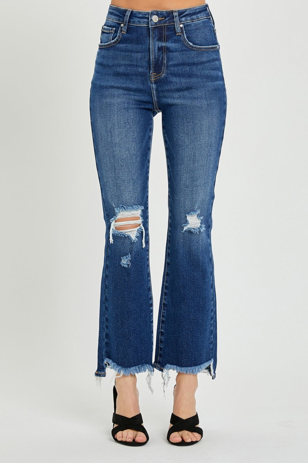 High Rise Distressed Crop Flare Jeans