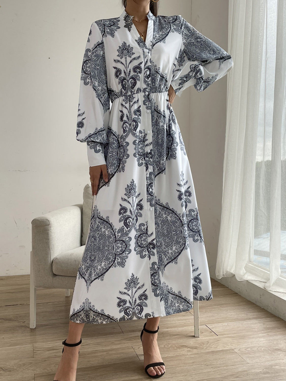 Printed Notched Lantern Sleeve Midi Dress - The Daily Makeover