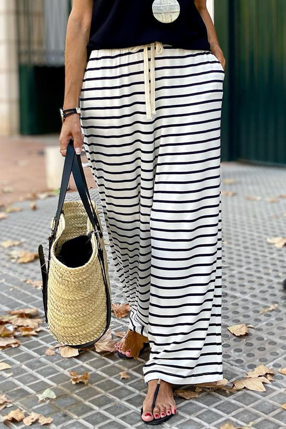 White Striped Casual Drawstring Wide Leg Pants with Pockets - The Daily Makeover