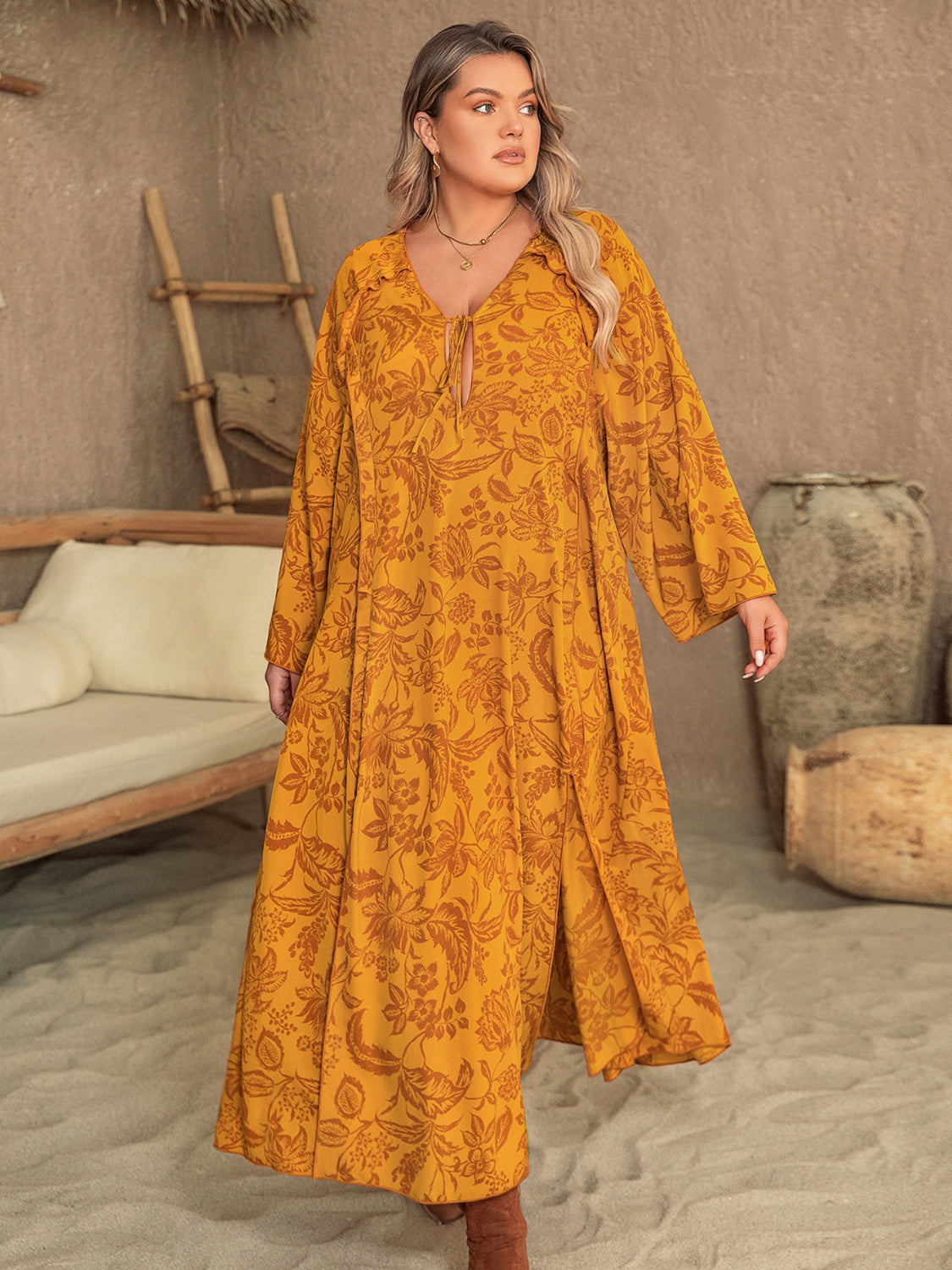 Plus Size Printed Slit Long Sleeve Dress - The Daily Makeover