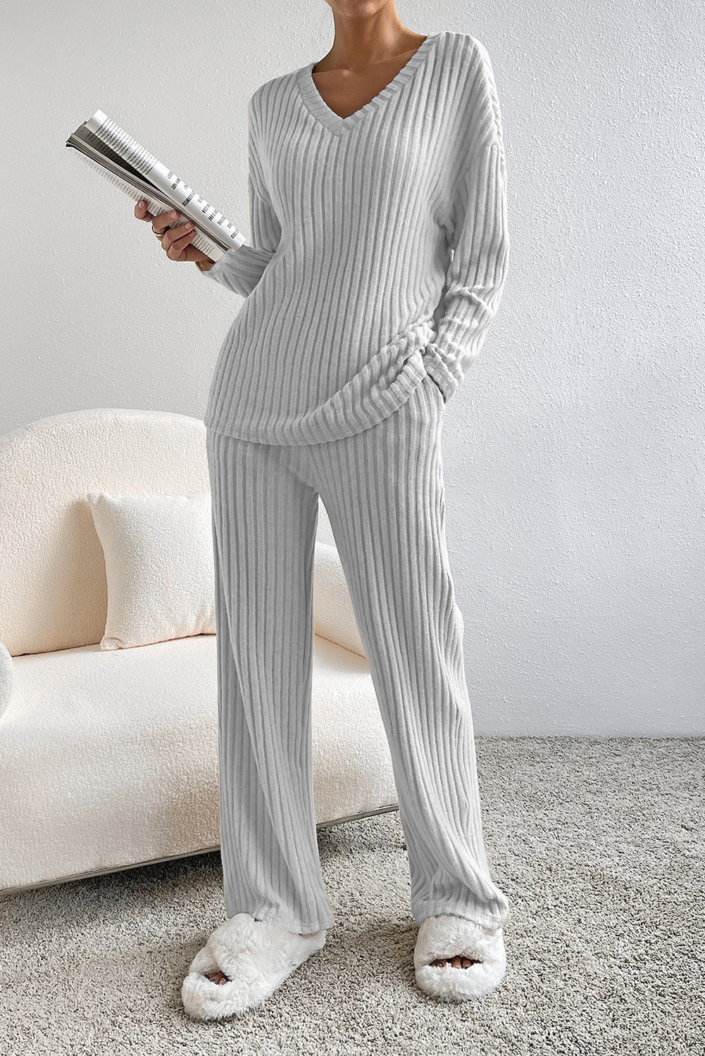 Ribbed V-Neck Top and Pants Lounge Set - The Daily Makeover
