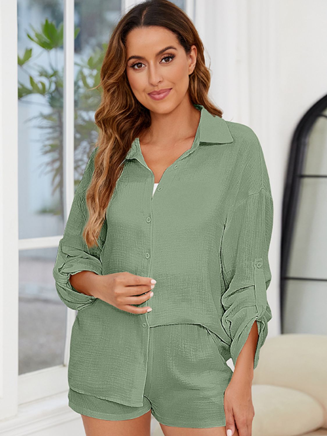 Button Up Long Sleeve Top and Shorts Set - The Daily Makeover