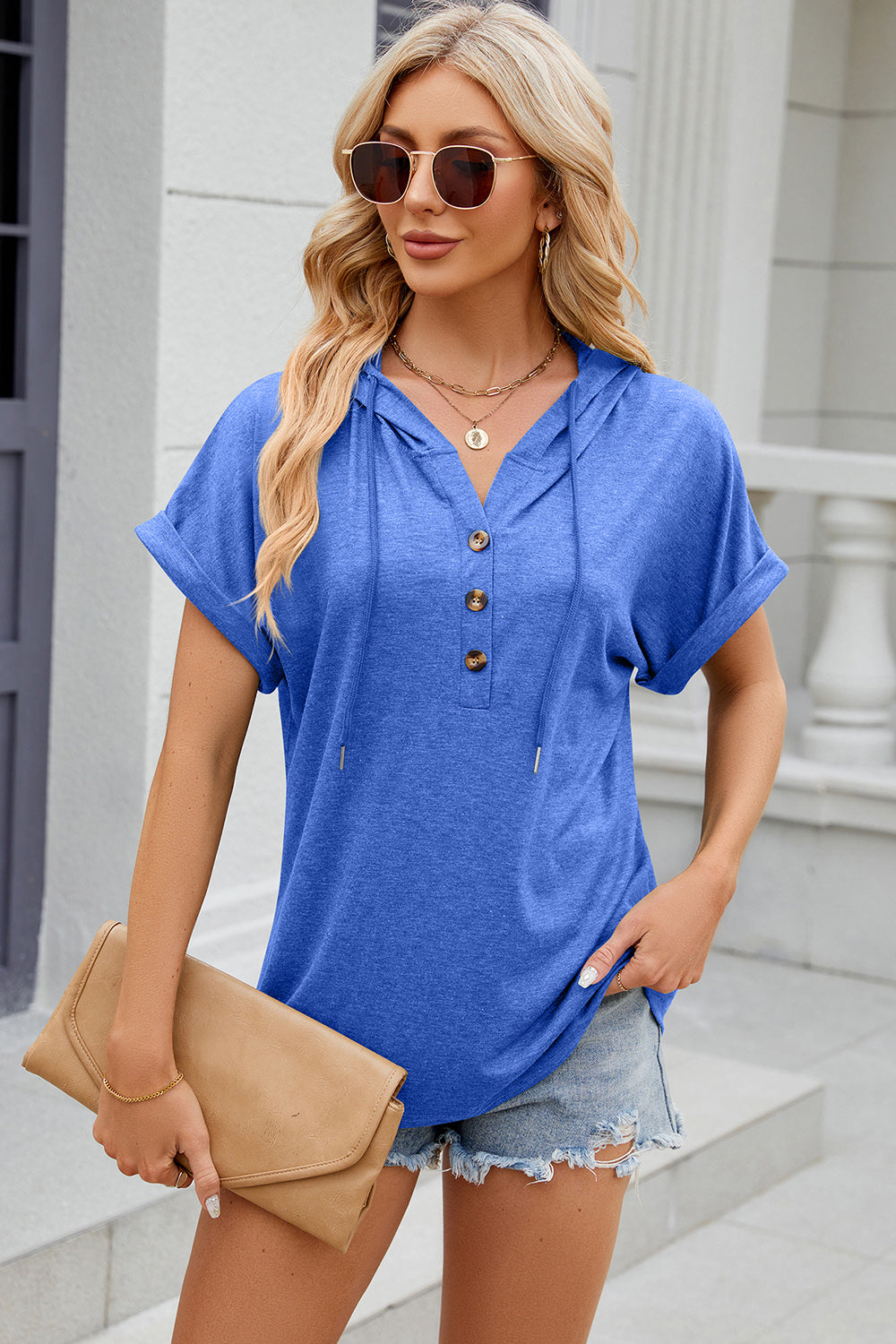 Half Button Drawstring Short Sleeve Hooded T-Shirt - The Daily Makeover