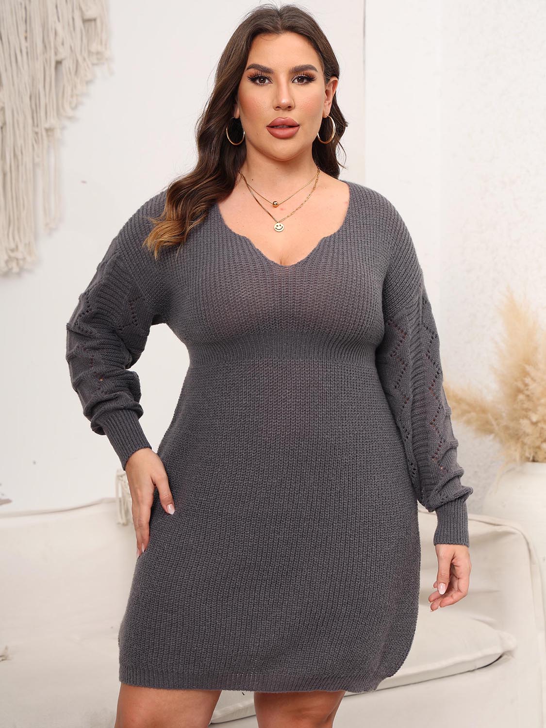 Plus Size Dropped Shoulder Long Sleeve Knit Mini Dress - The Daily Makeover