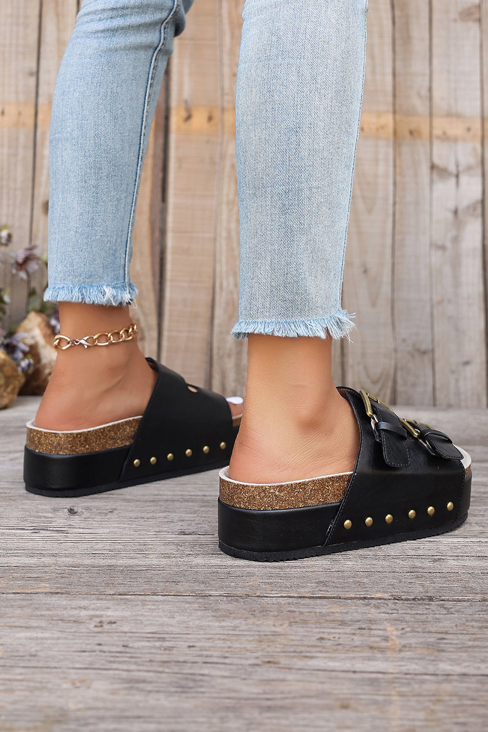 Chestnut Dual Buckle Studded Vintage Platform Slides Shoes - The Daily Makeover