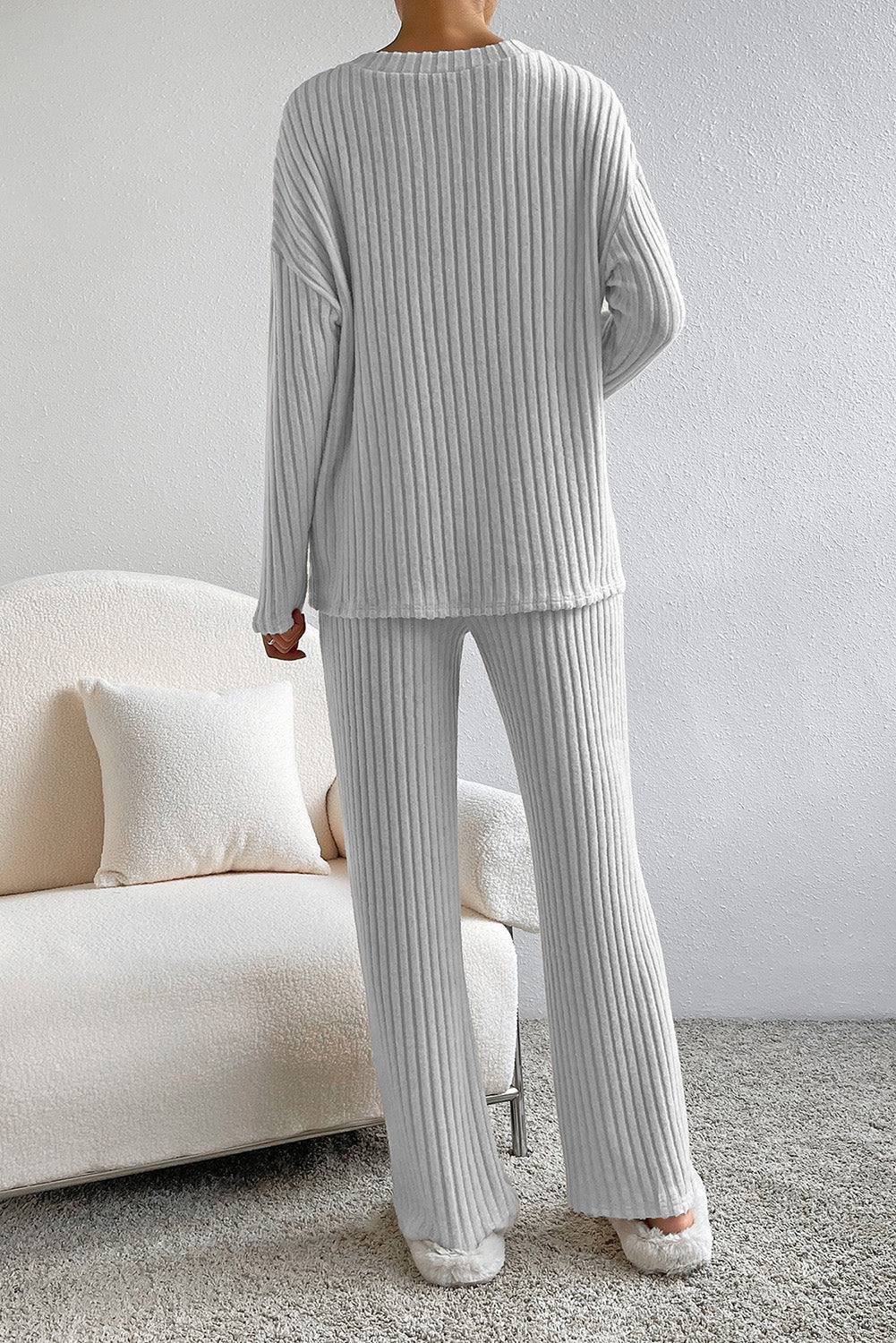 Ribbed V-Neck Top and Pants Lounge Set - The Daily Makeover