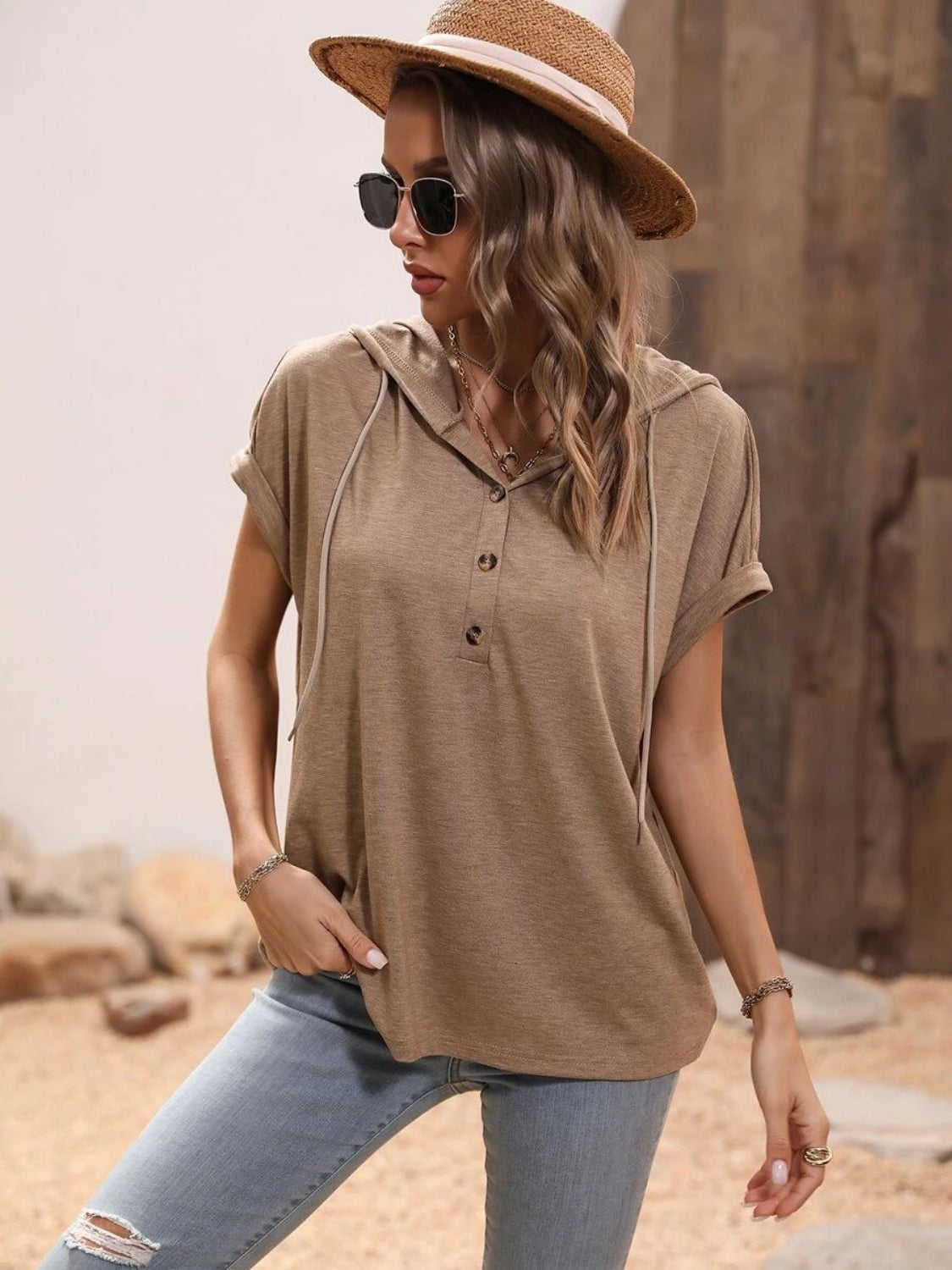 Half Button Hooded Short Sleeve Blouse - The Daily Makeover