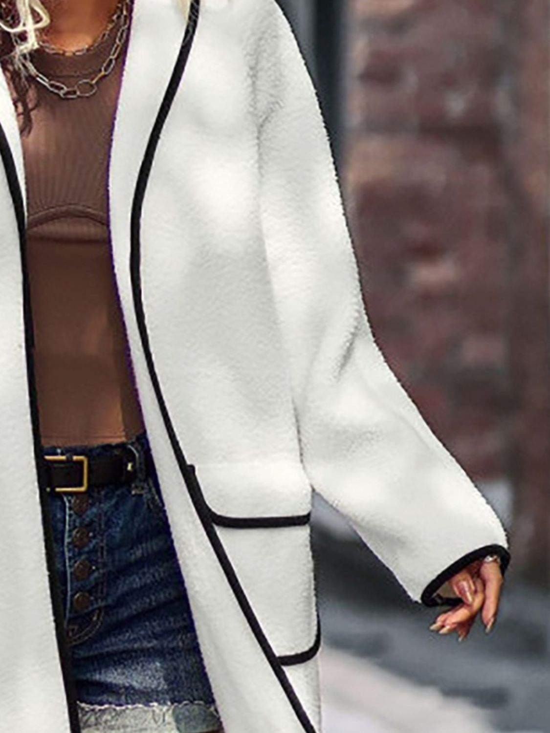 Full Size Contrast Trim Long Sleeve Coat with Pockets - The Daily Makeover