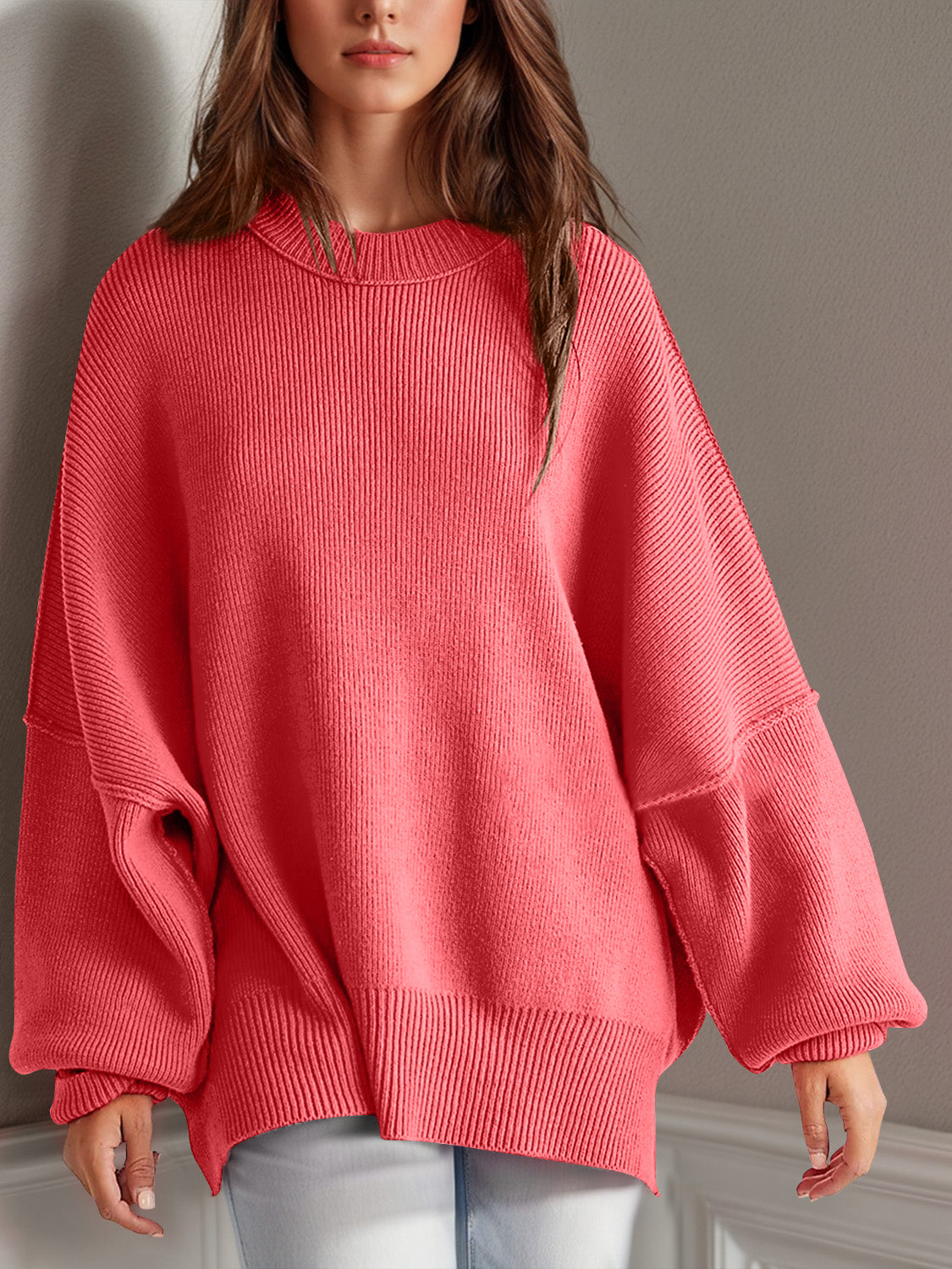 Double Take Side Slit Round Neck Long Sleeve Sweater - The Daily Makeover