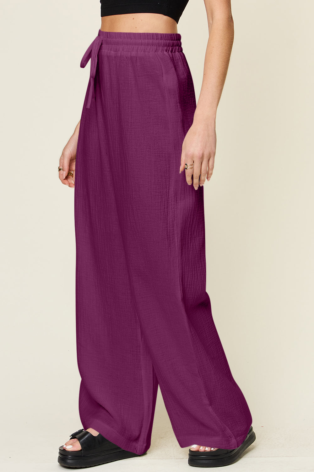Double Take Full Size Texture Drawstring Wide Leg Pants - The Daily Makeover