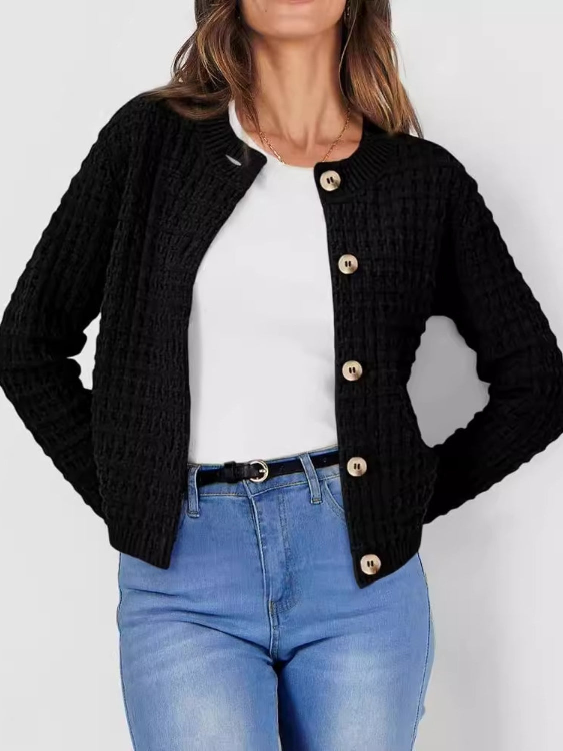Button Up Round Neck Long Sleeve Cardigan - The Daily Makeover