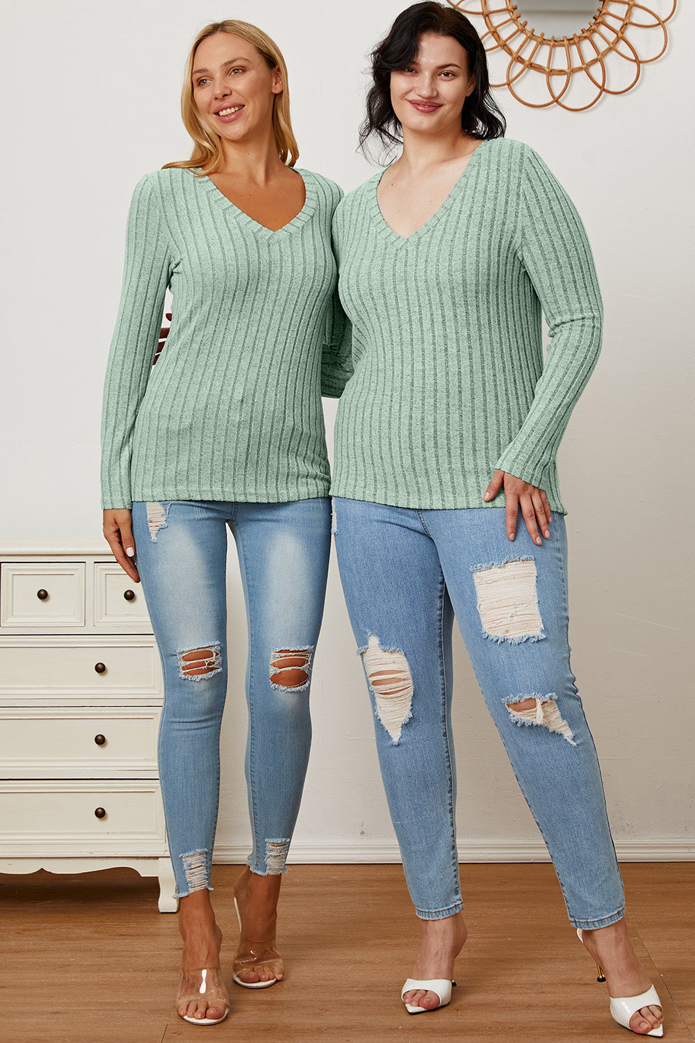 Full Size Ribbed V-Neck Long Sleeve T-Shirt - The Daily Makeover