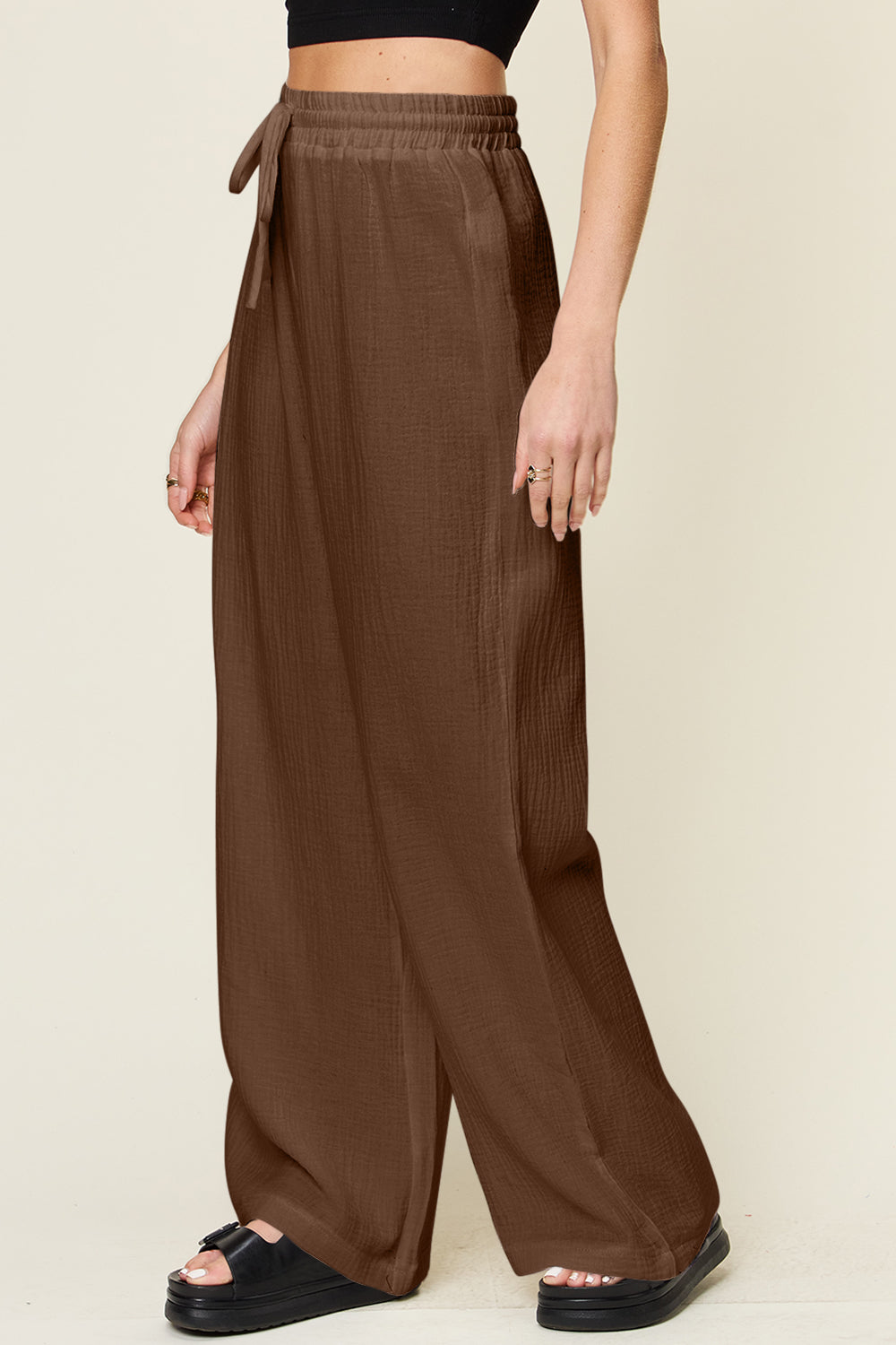 Double Take Full Size Texture Drawstring Wide Leg Pants - The Daily Makeover