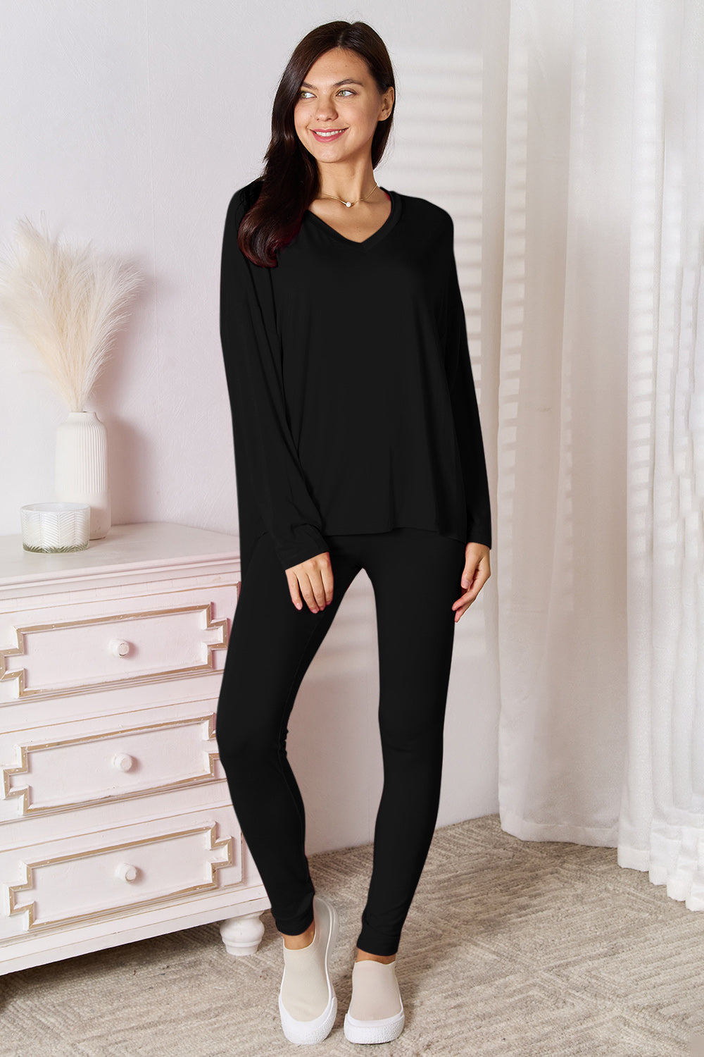 Basic Bae Bamboo Full Size V-Neck Long Sleeve Top and Pants Lounge Set - The Daily Makeover