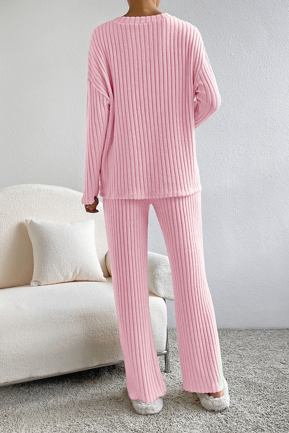 Ribbed V-Neck Top and Pants Lounge Set - The Daily Makeover