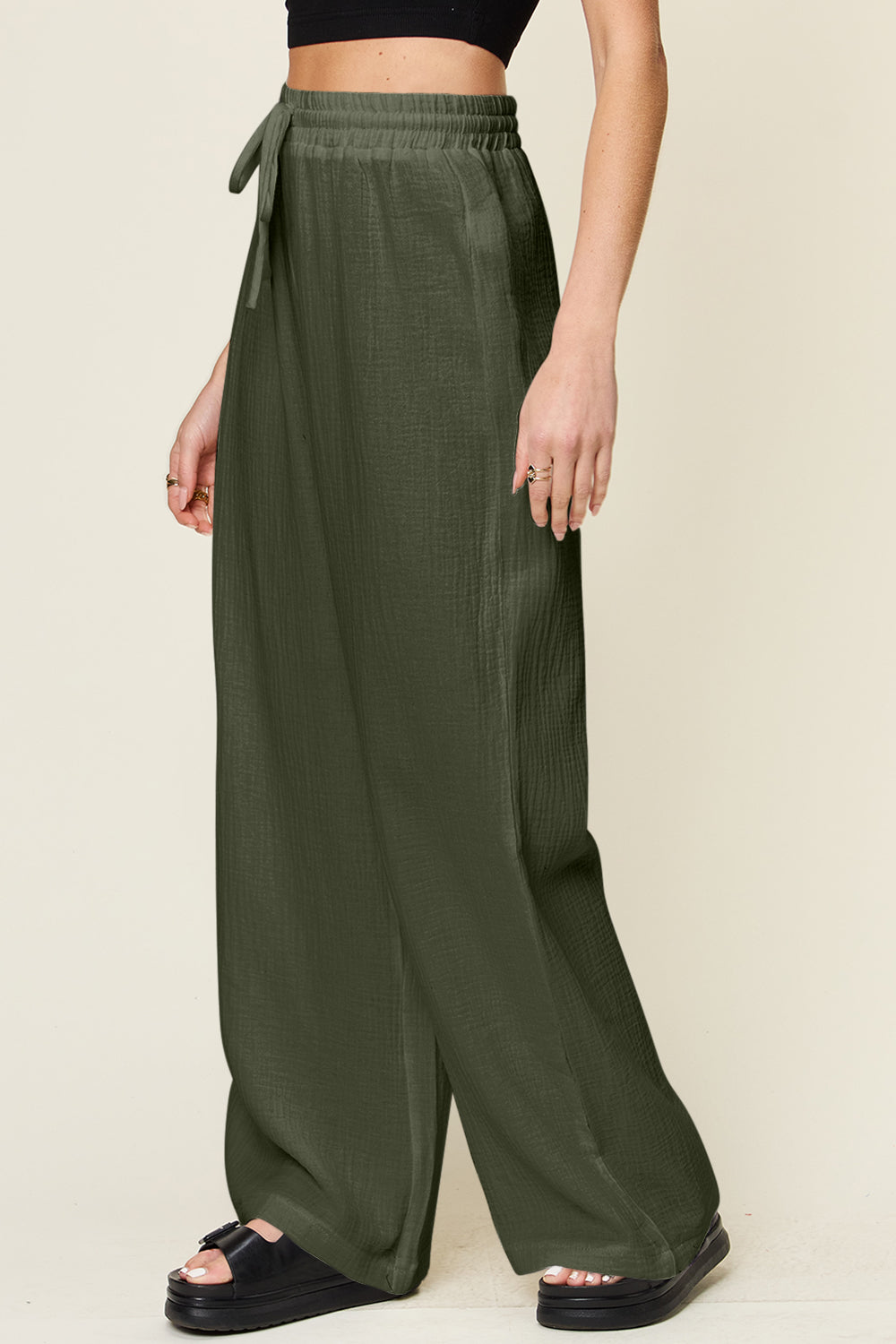Double Take Full Size Texture Drawstring Wide Leg Pants - The Daily Makeover
