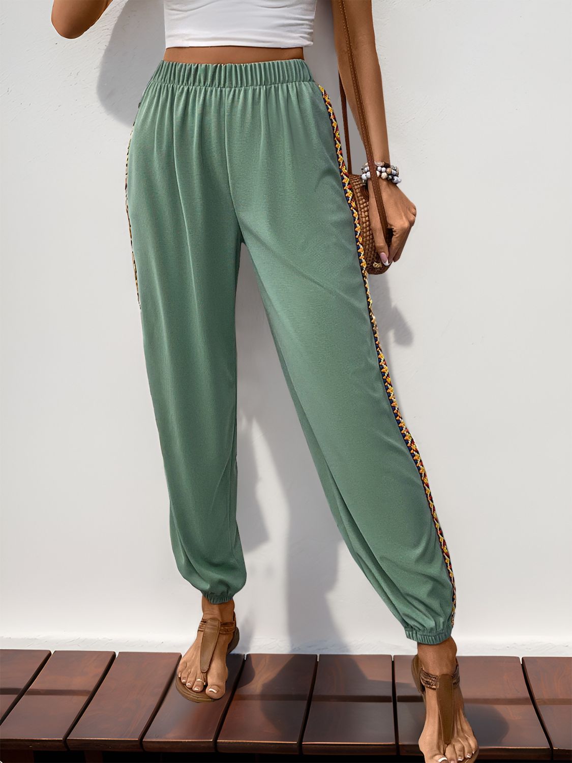 Perfee Weave Band Patchwork Elastic Waist Joggers - The Daily Makeover