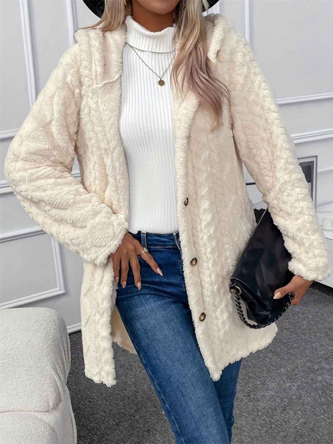 Fuzzy Button Down Hooded Coat - The Daily Makeover