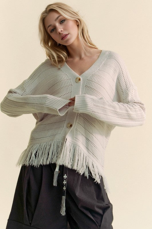 Davi & Dani Fringe V-Neck Button Up Long Sleeve Cardigan - The Daily Makeover