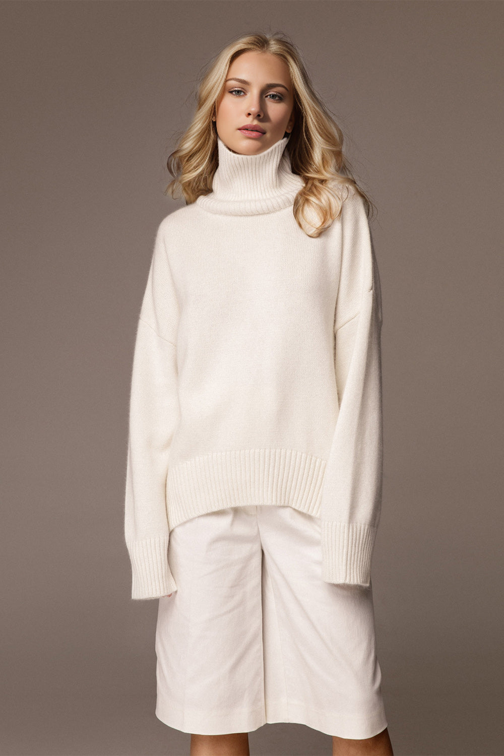 Turtleneck Dropped Shoulder Long Sleeve Sweater - The Daily Makeover