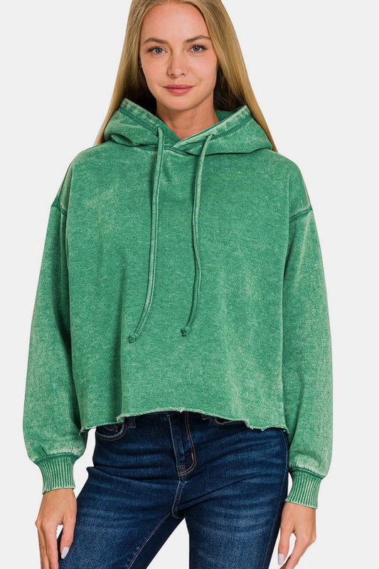 Zenana Acid Wash Fleece Cropped Hoodie - The Daily Makeover
