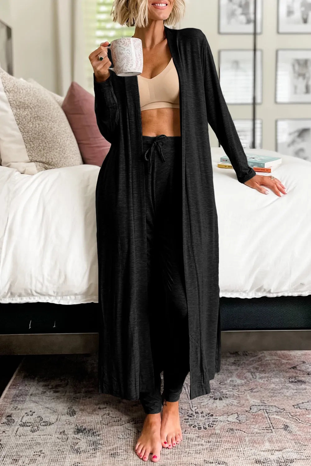 Open Front Long Sleeve Cardigan and Pants Lounge Set - The Daily Makeover