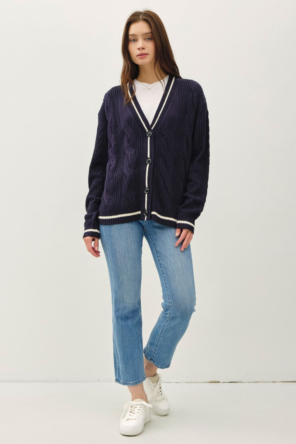Be Cool Contrast Trim Cable-Knit V-Neck Cardigan - The Daily Makeover