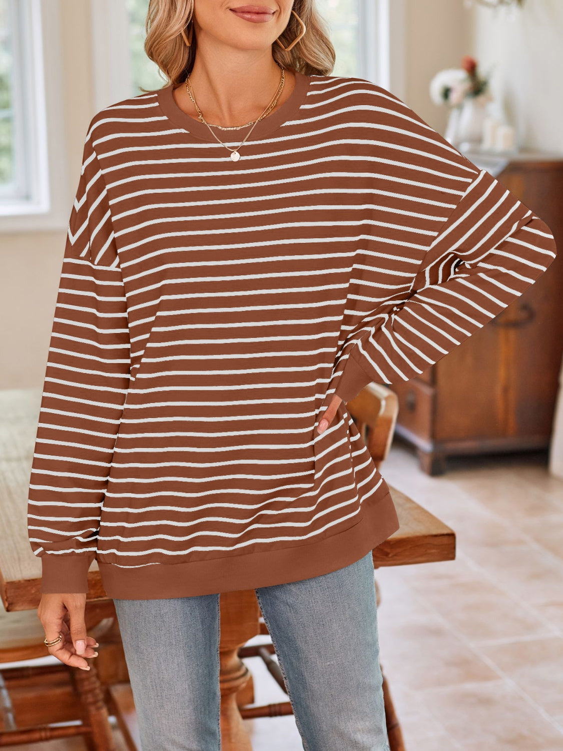 Lovelet Striped Round Neck Long Sleeve Sweatshirt - The Daily Makeover