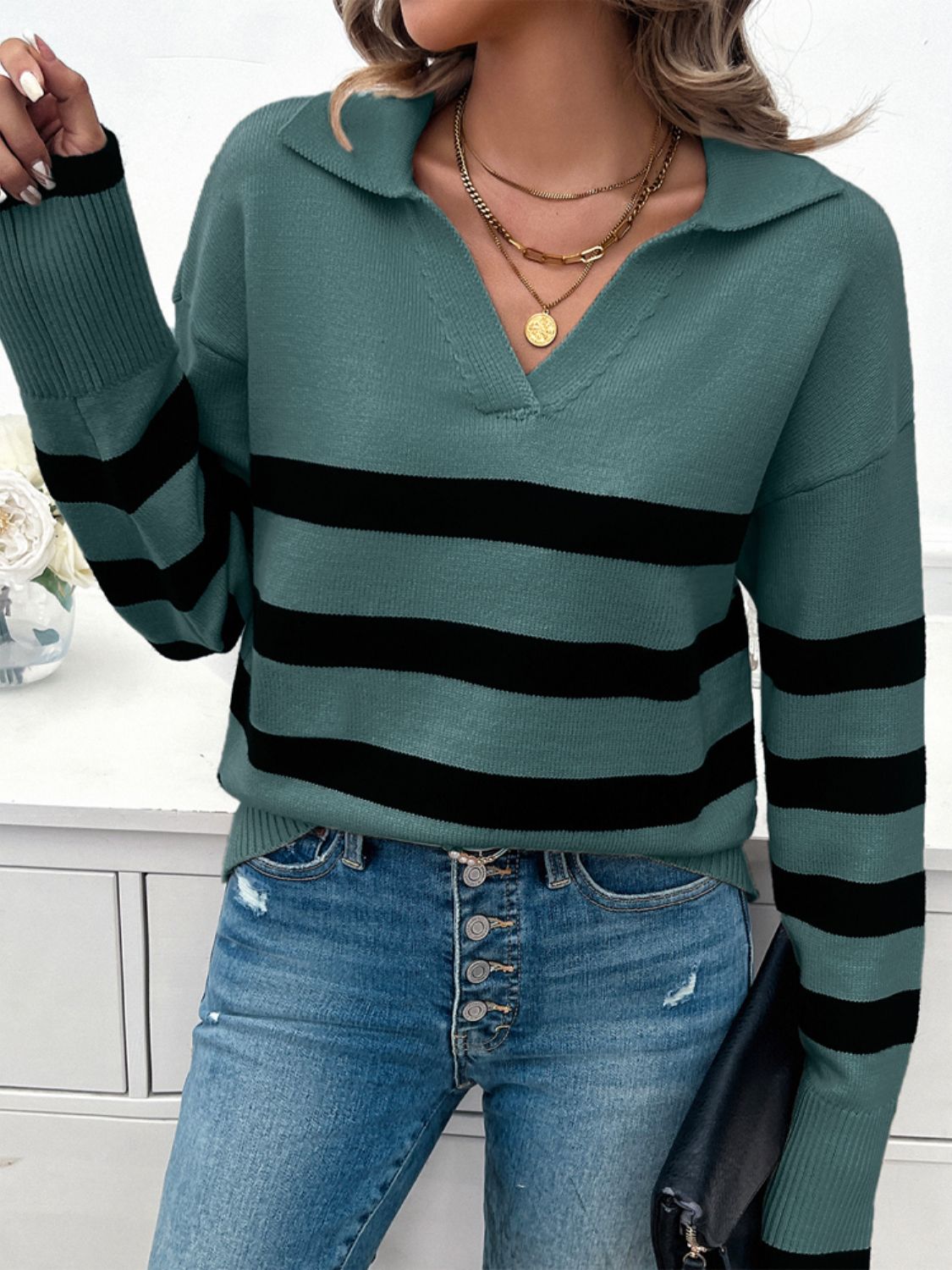 Striped Collared Neck Long Sleeve Sweater - The Daily Makeover
