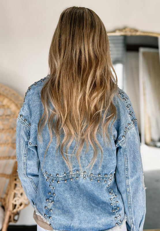 Studded Acid Wash Long Sleeve Denim Jacket - The Daily Makeover
