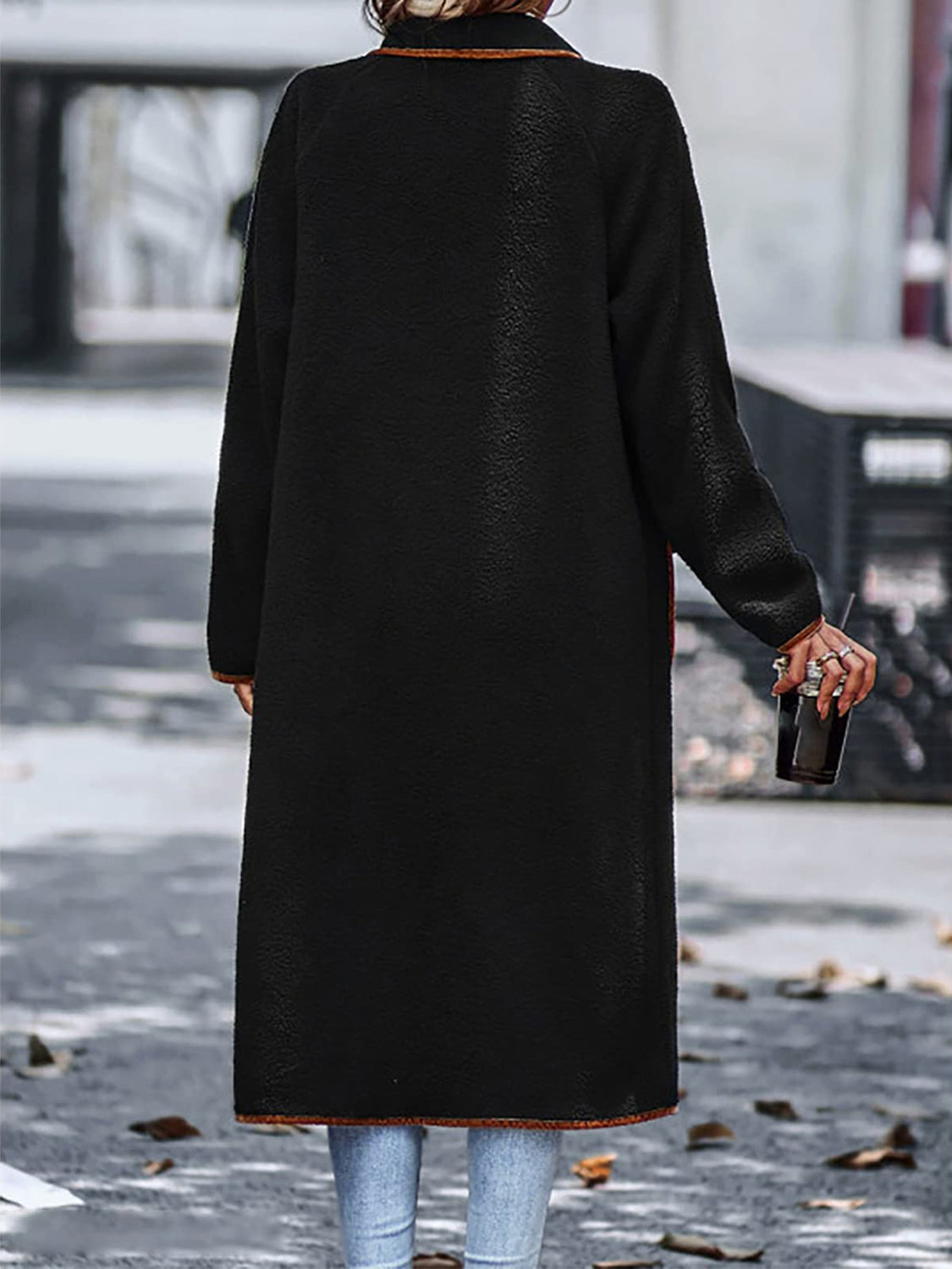 Full Size Contrast Trim Long Sleeve Coat with Pockets - The Daily Makeover