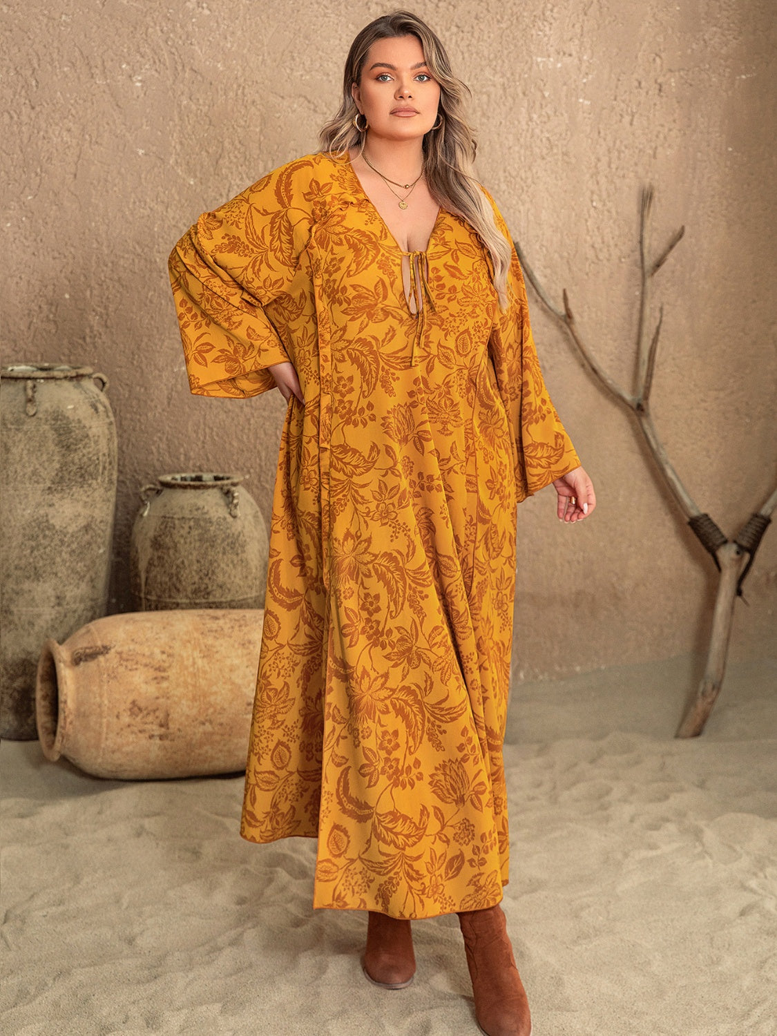 Plus Size Printed Slit Long Sleeve Dress - The Daily Makeover