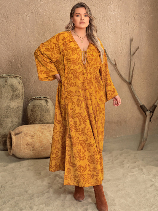 Plus Size Printed Slit Long Sleeve Dress - The Daily Makeover