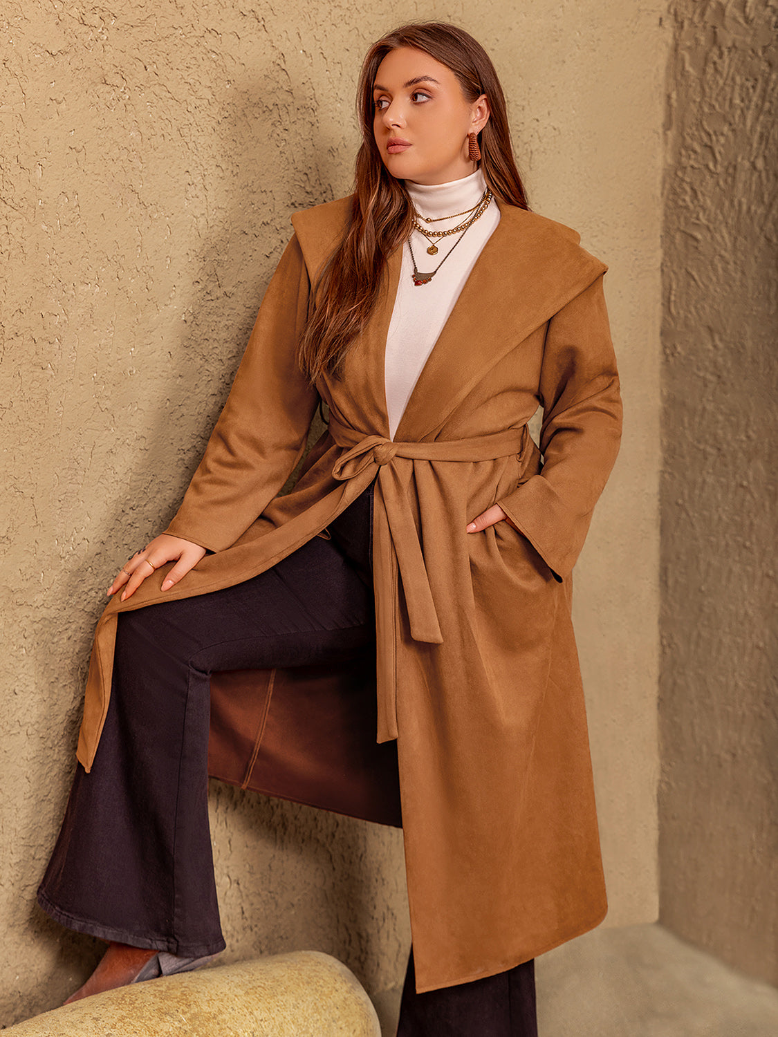 Plus Size Tied Long Sleeve Hooded Coat with Pockets - The Daily Makeover