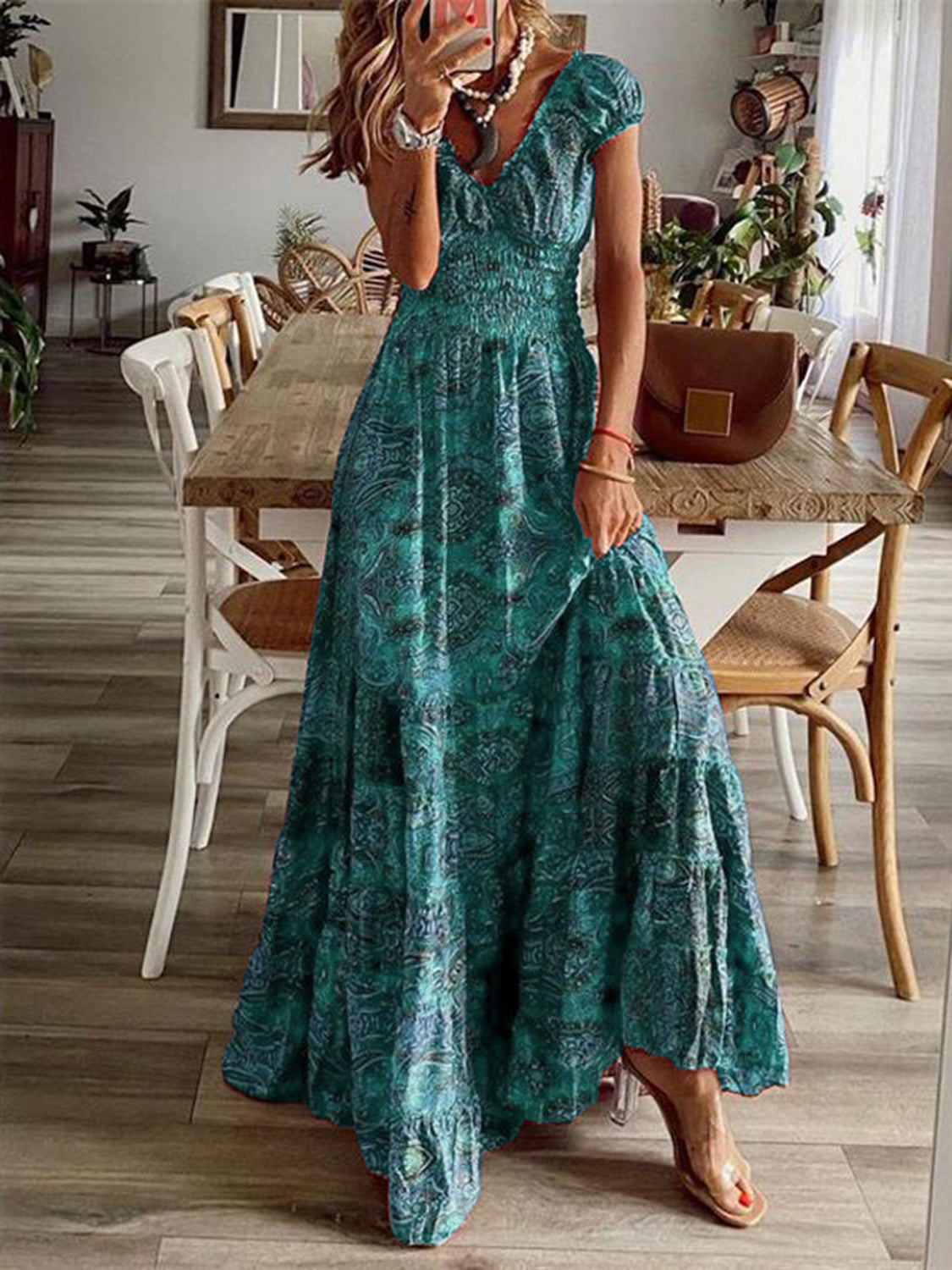 Full Size Smocked Printed V-Neck Short Sleeve Dress - The Daily Makeover