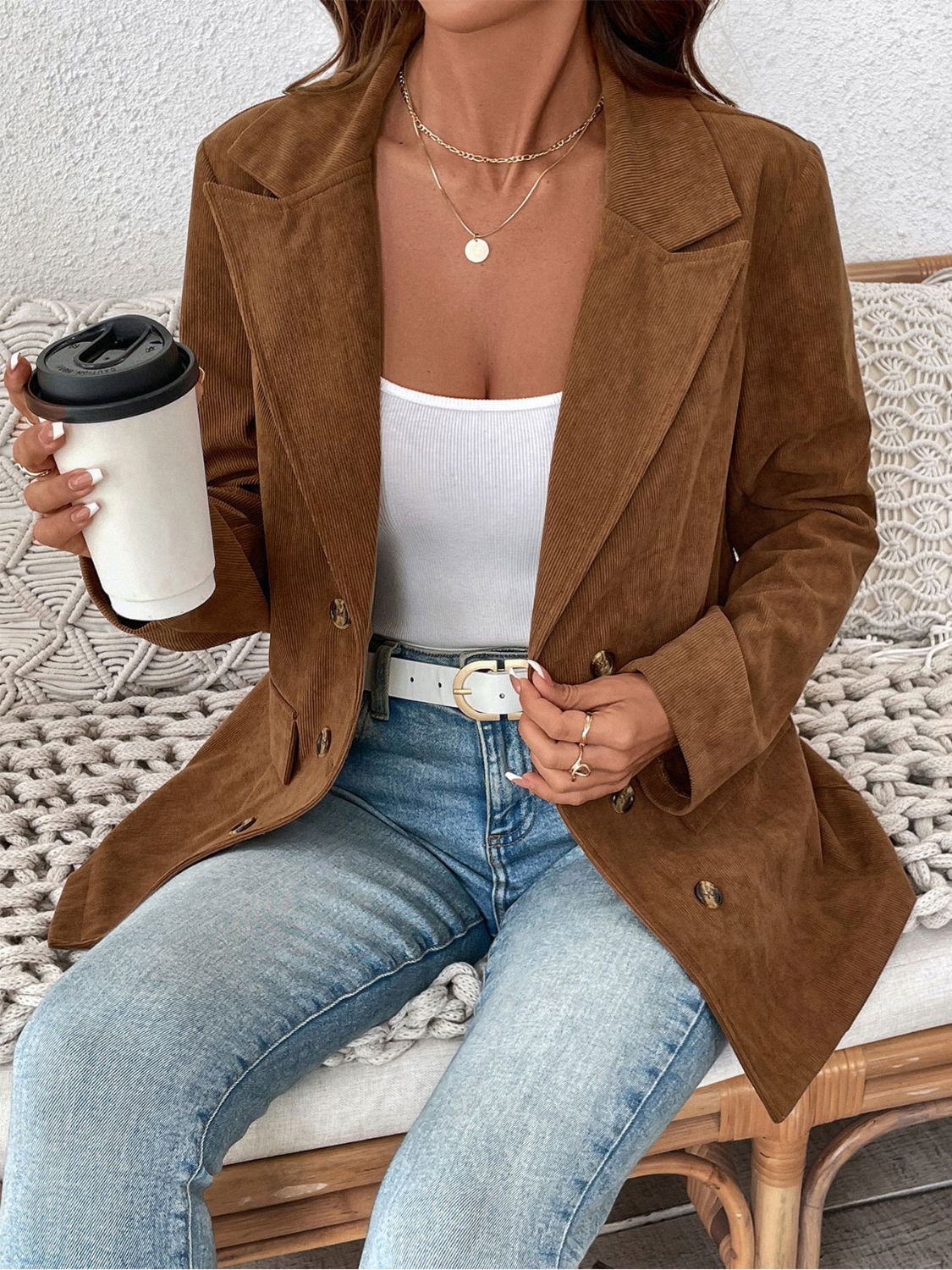 Perfee Decorative Pocket Flap Lapel Collar Long Sleeve Outerwear - The Daily Makeover