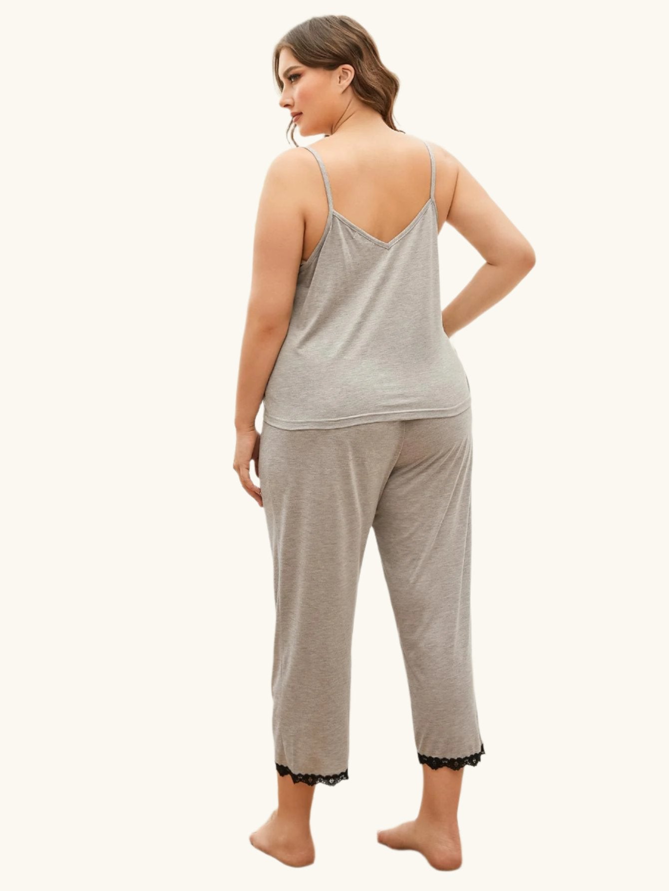 Plus Size Lace Trim Slit Cami and Pants Pajama Set - The Daily Makeover